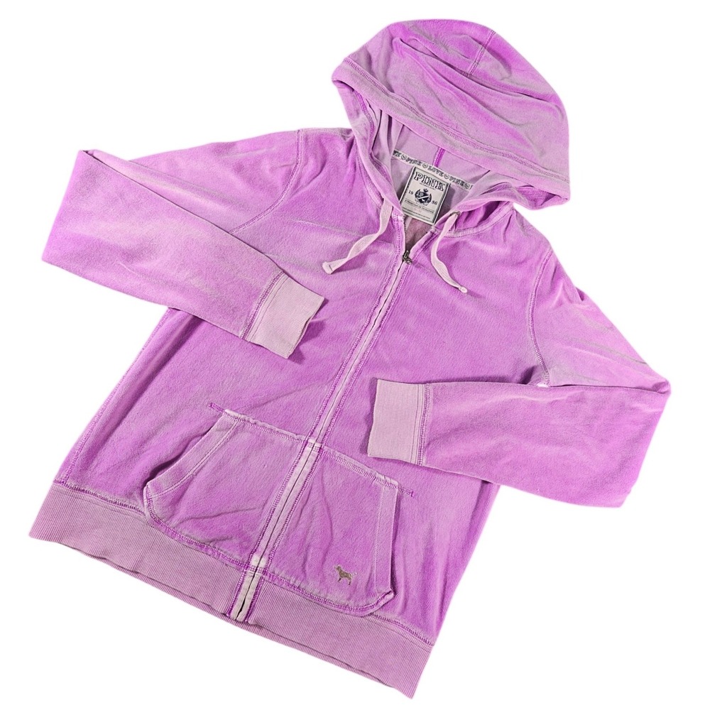 VS PINK Victoria's Secret Purple Velour Hoodie Glitter Love‎ Pink Graphic Size M